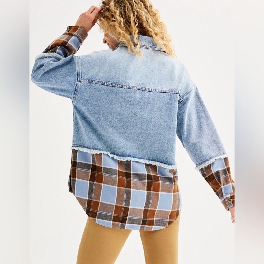 NEW SO® Denim & Plaid Mixed Media Jacket - Blue/Brown XS but fits larger - Picture 2 of 5